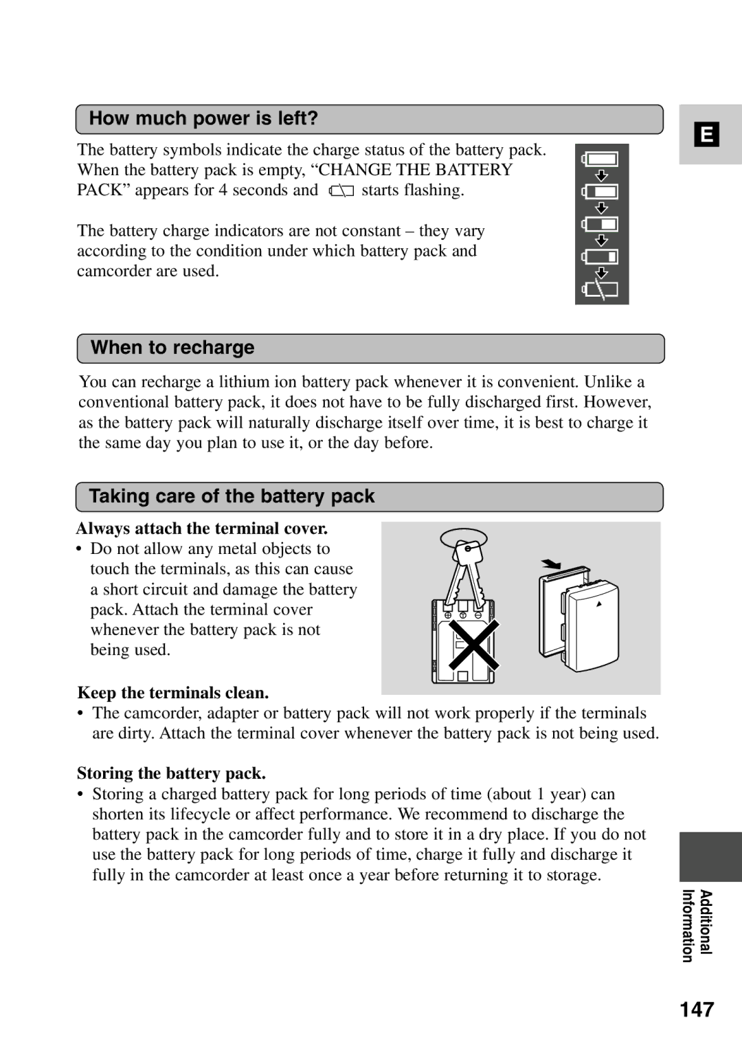 Canon MV6iMC instruction manual 147, How much power is left?, When to recharge, Taking care of the battery pack 