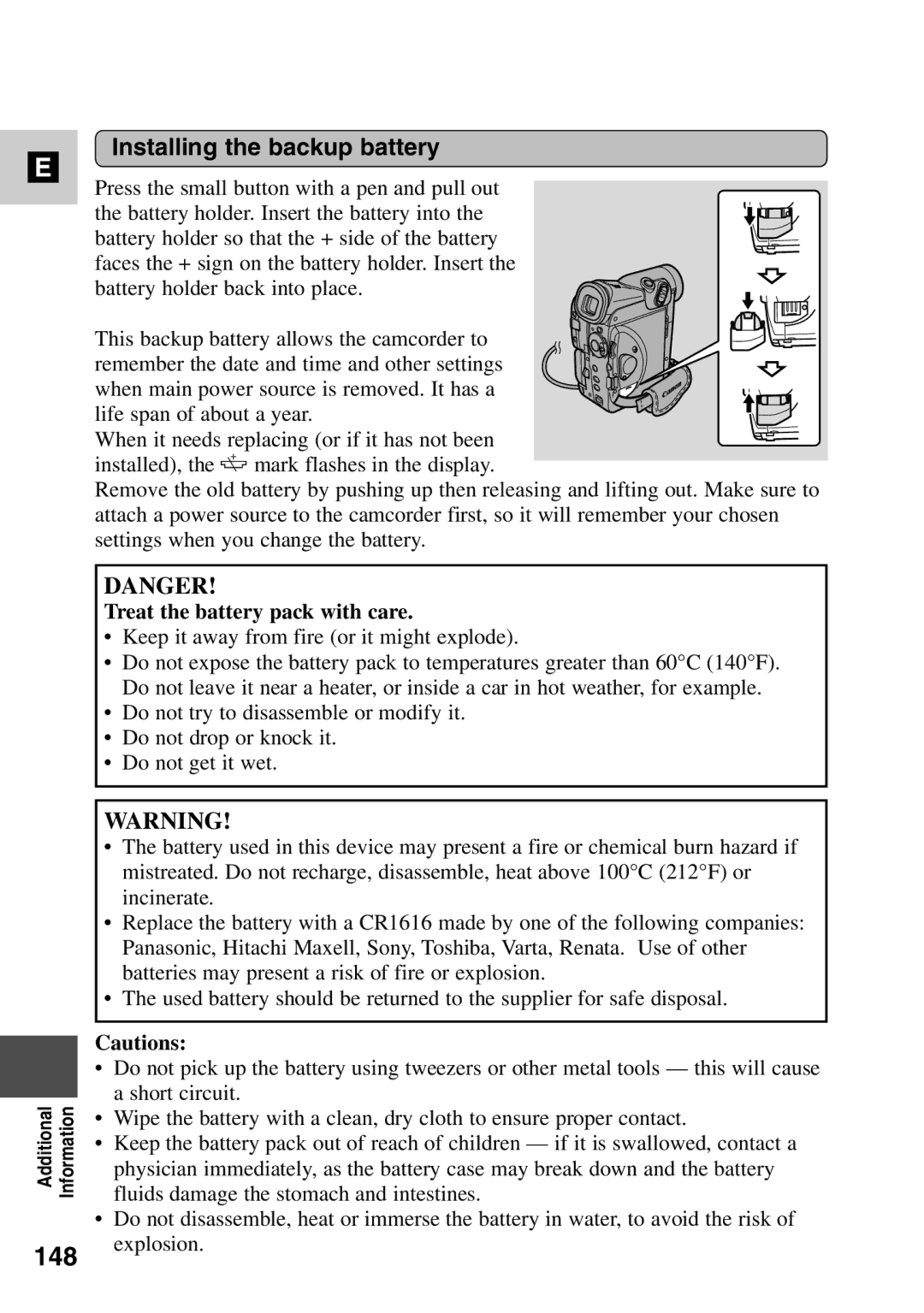 Canon MV6iMC instruction manual 148, Installing the backup battery, Treat the battery pack with care 