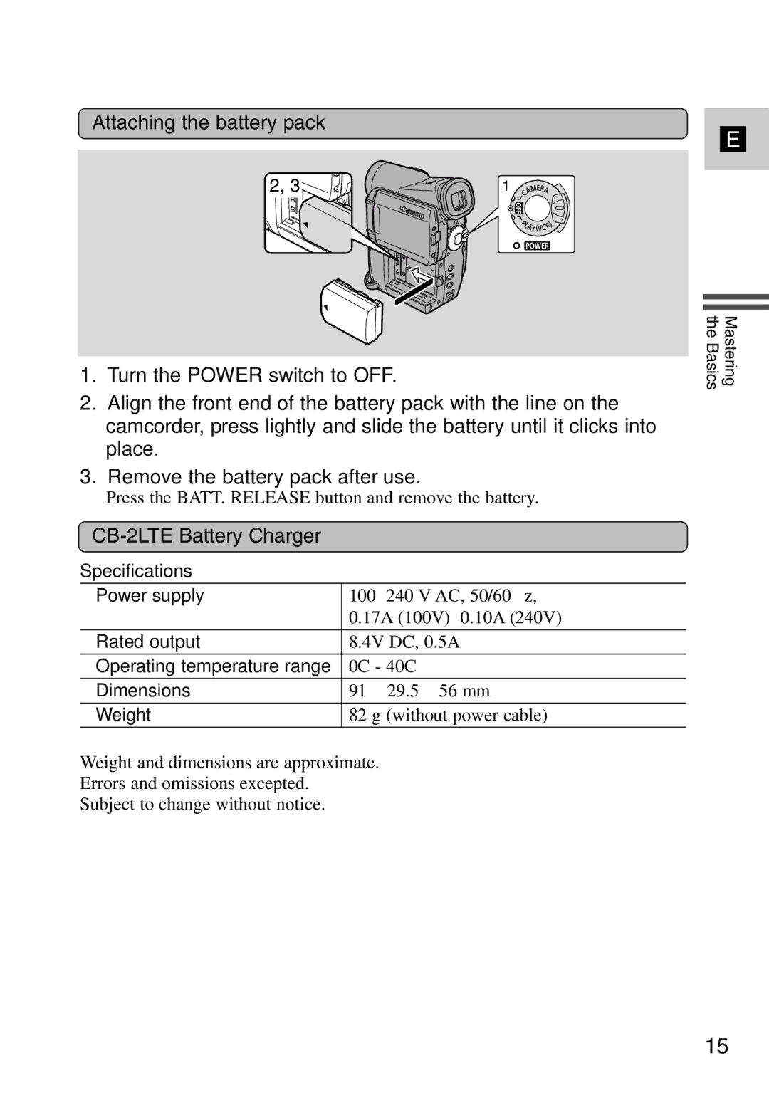 Canon MV6iMC instruction manual Attaching the battery pack, CB-2LTE Battery Charger 