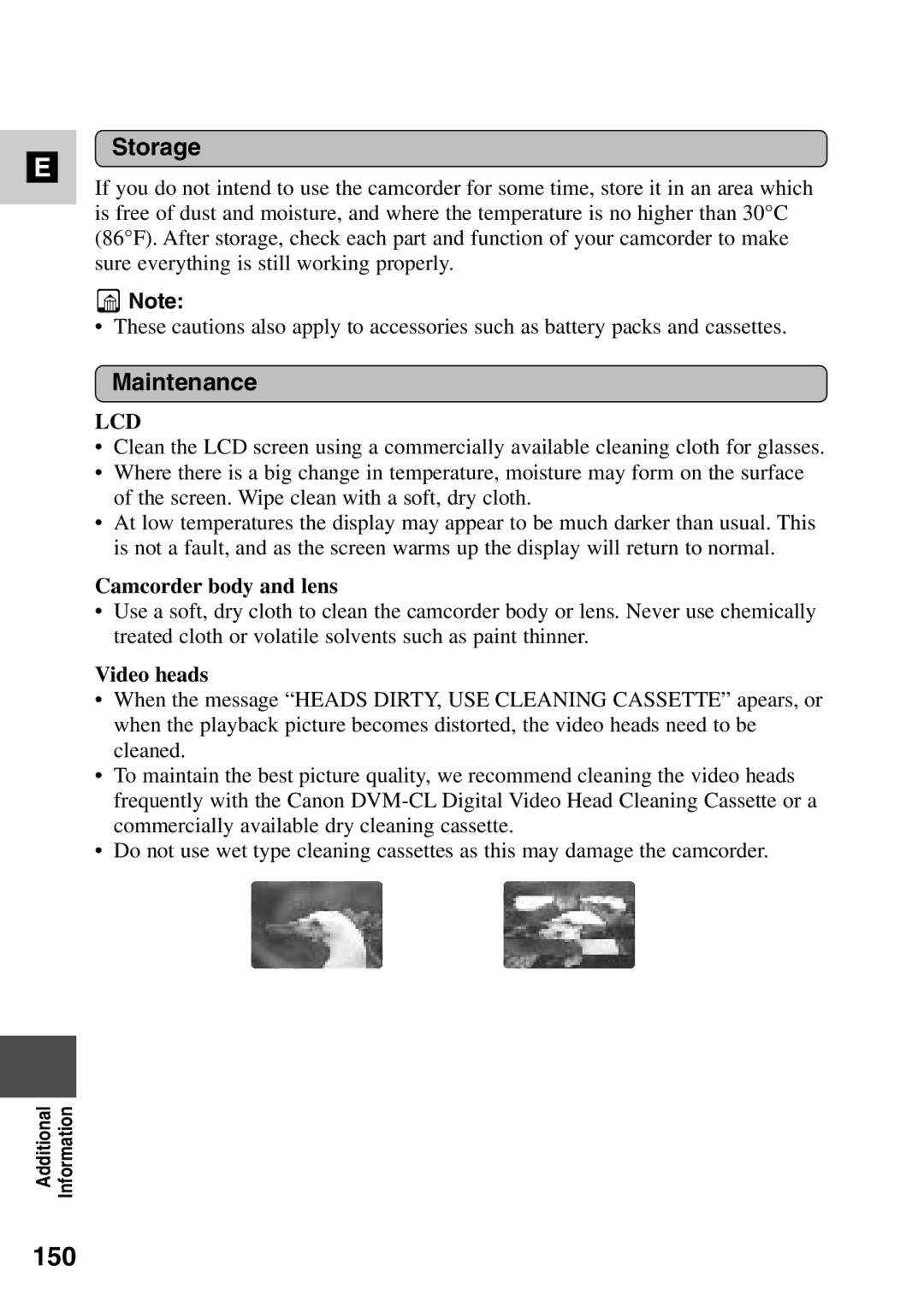 Canon MV6iMC instruction manual 150, Storage, Maintenance, Camcorder body and lens, Video heads 