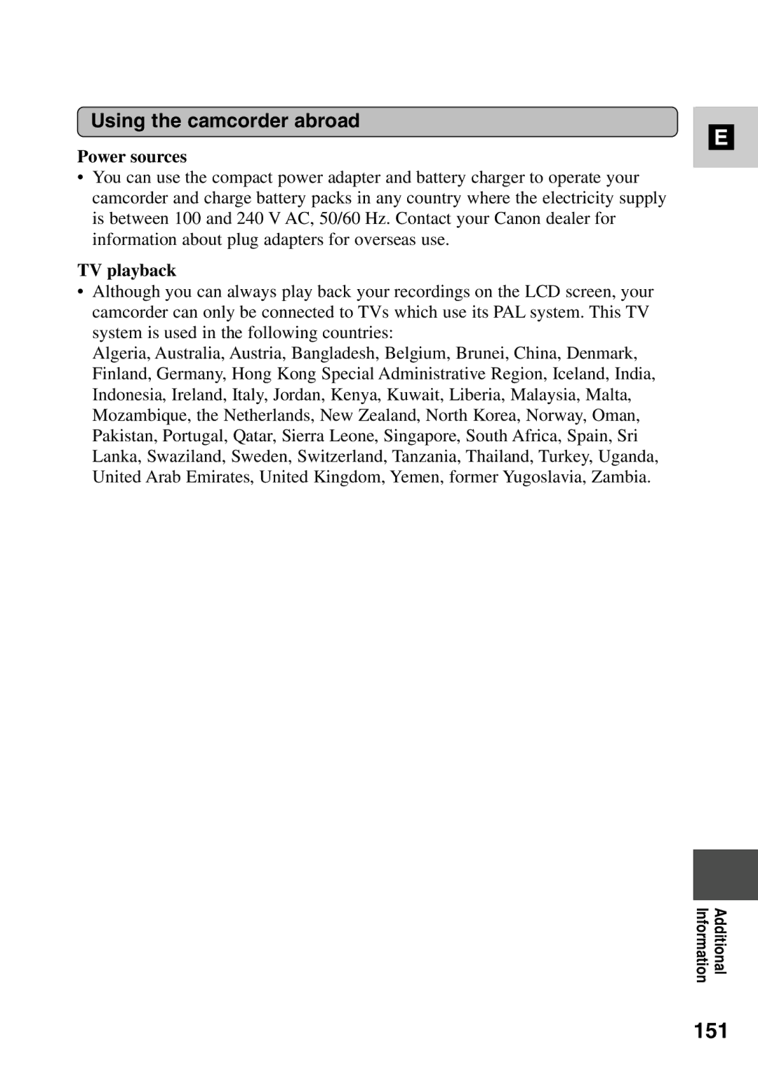 Canon MV6iMC instruction manual 151, Using the camcorder abroad, Power sources, TV playback 