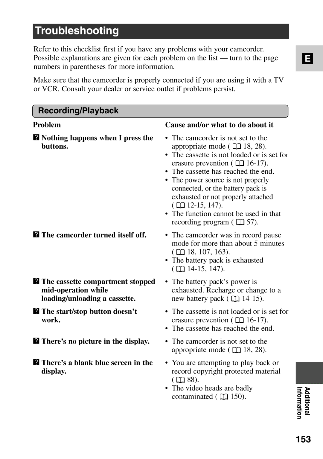 Canon MV6iMC instruction manual Troubleshooting, 153, Recording/Playback 