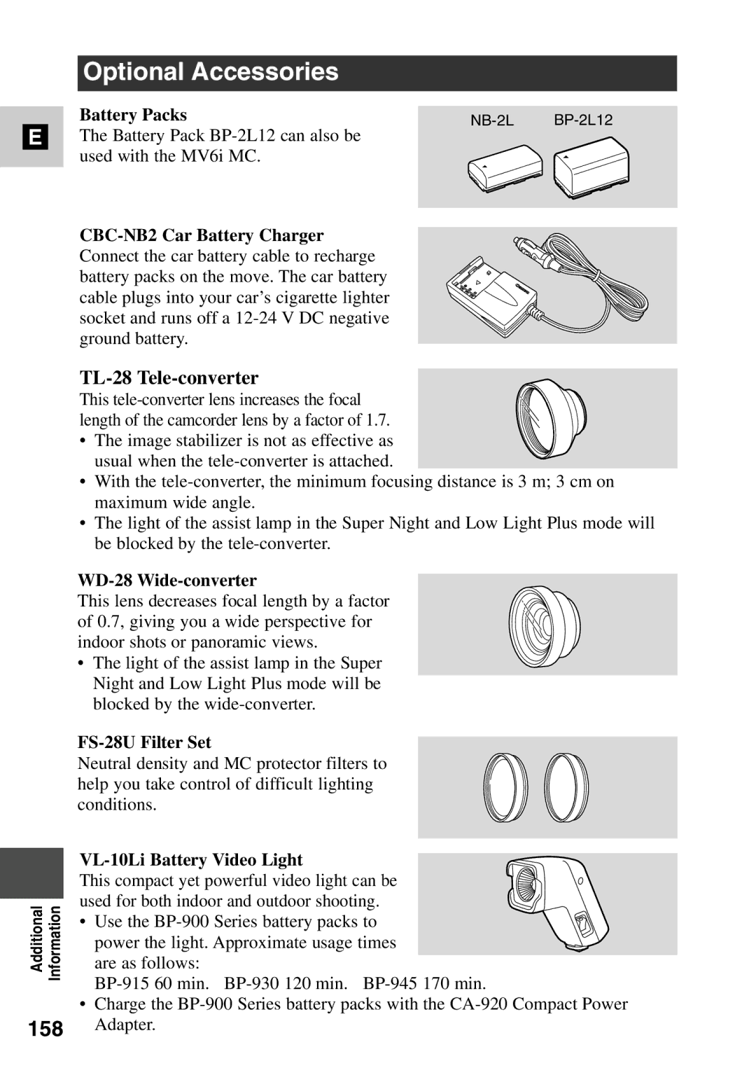 Canon MV6iMC instruction manual Optional Accessories, 158, TL-28 Tele-converter 