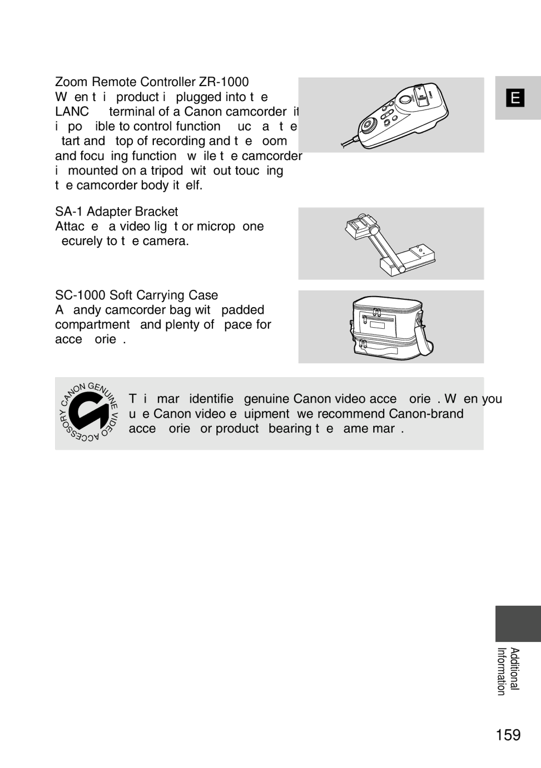 Canon MV6iMC instruction manual 159, SC-1000 Soft Carrying Case 