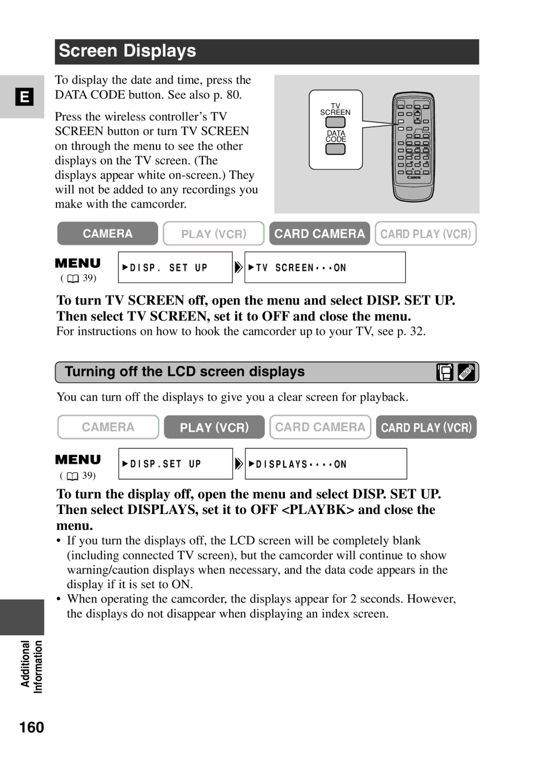 Canon MV6iMC instruction manual Screen Displays, 160, Turning off the LCD screen displays 