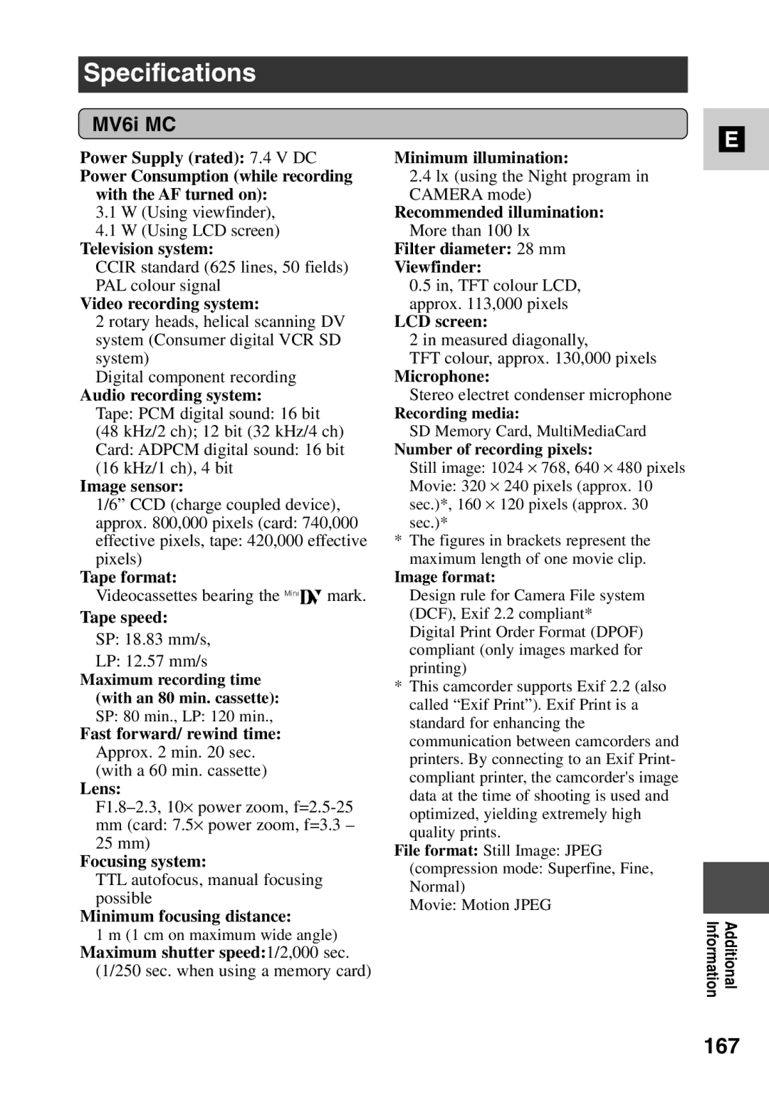 Canon MV6iMC instruction manual Specifications, 167, MV6i MC 