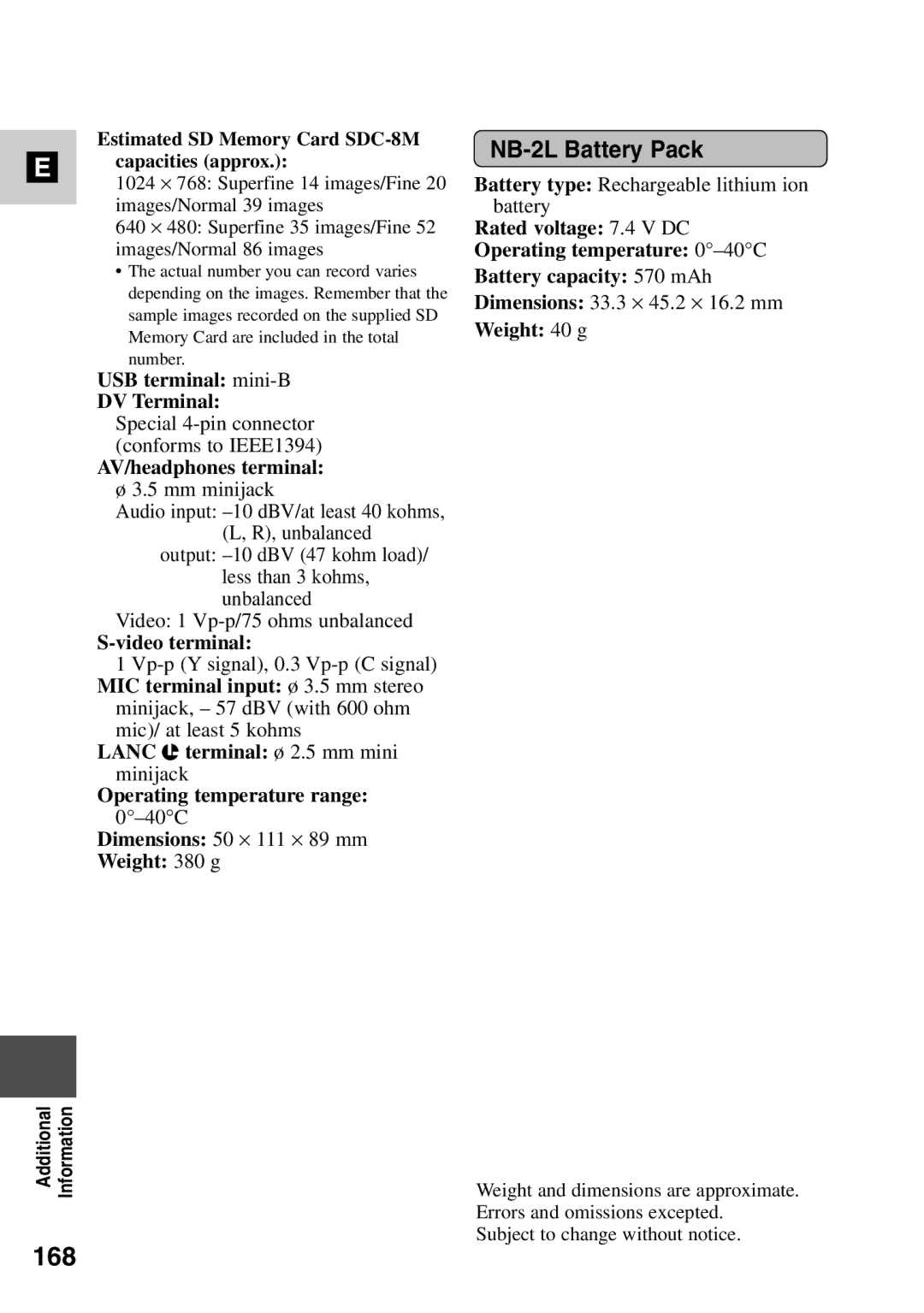 Canon MV6iMC instruction manual 168, NB-2L Battery Pack 