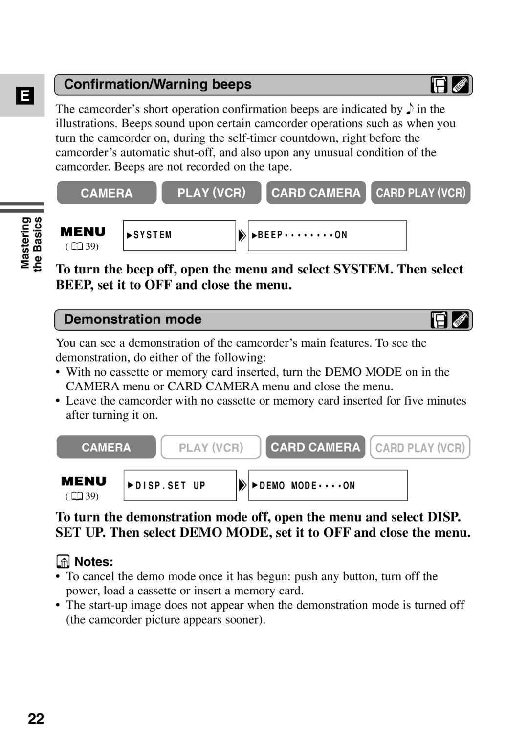 Canon MV6iMC instruction manual Confirmation/Warning beeps, Demonstration mode 