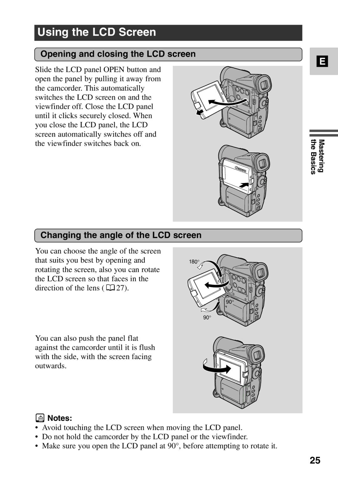 Canon MV6iMC Using the LCD Screen, Opening and closing the LCD screen, Changing the angle of the LCD screen 