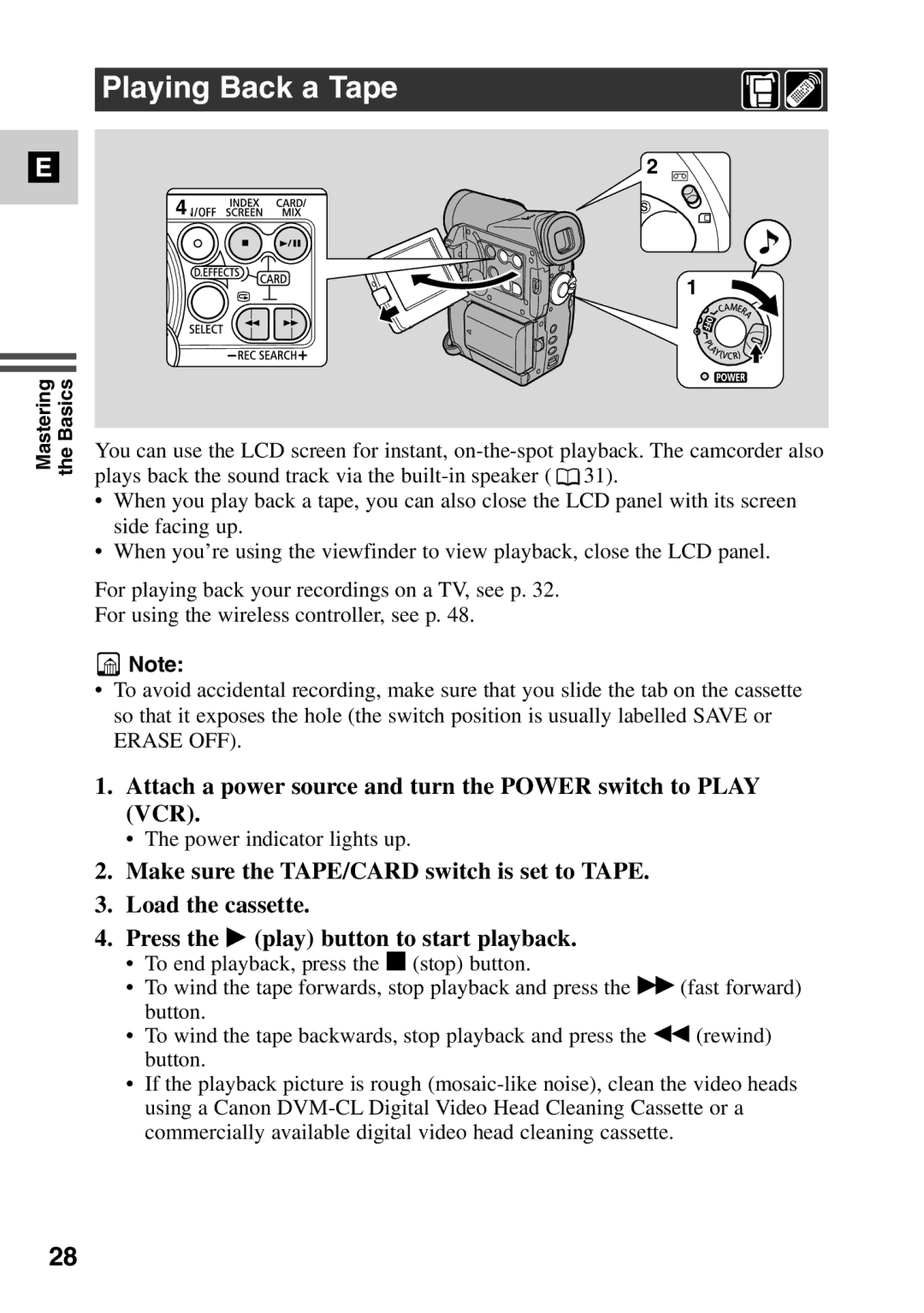 Canon MV6iMC instruction manual Playing Back a Tape, Attach a power source and turn the Power switch to Play VCR 