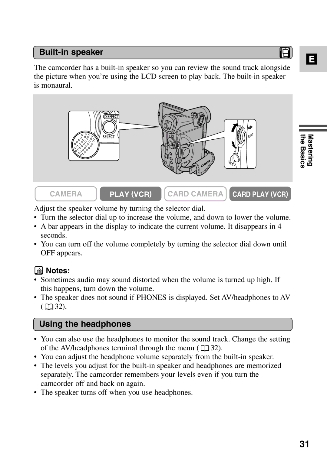 Canon MV6iMC instruction manual Built-in speaker, Using the headphones 