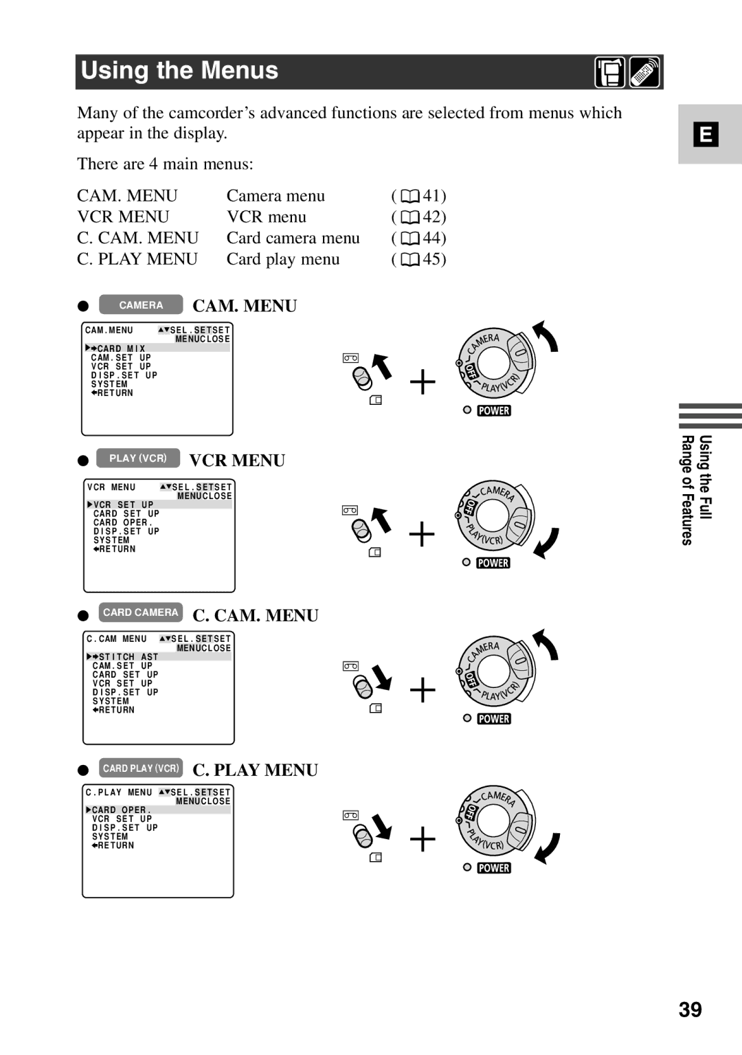 Canon MV6iMC instruction manual Using the Menus, Camera menu, VCR menu, Card camera menu, Card play menu 