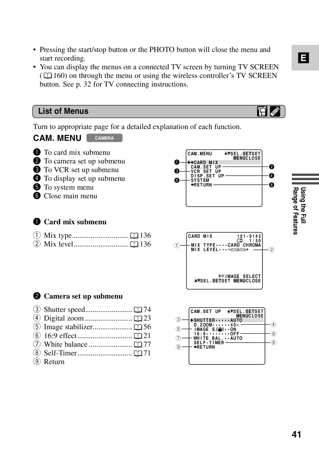 Canon MV6iMC instruction manual List of Menus, Card mix submenu, Camera set up submenu 