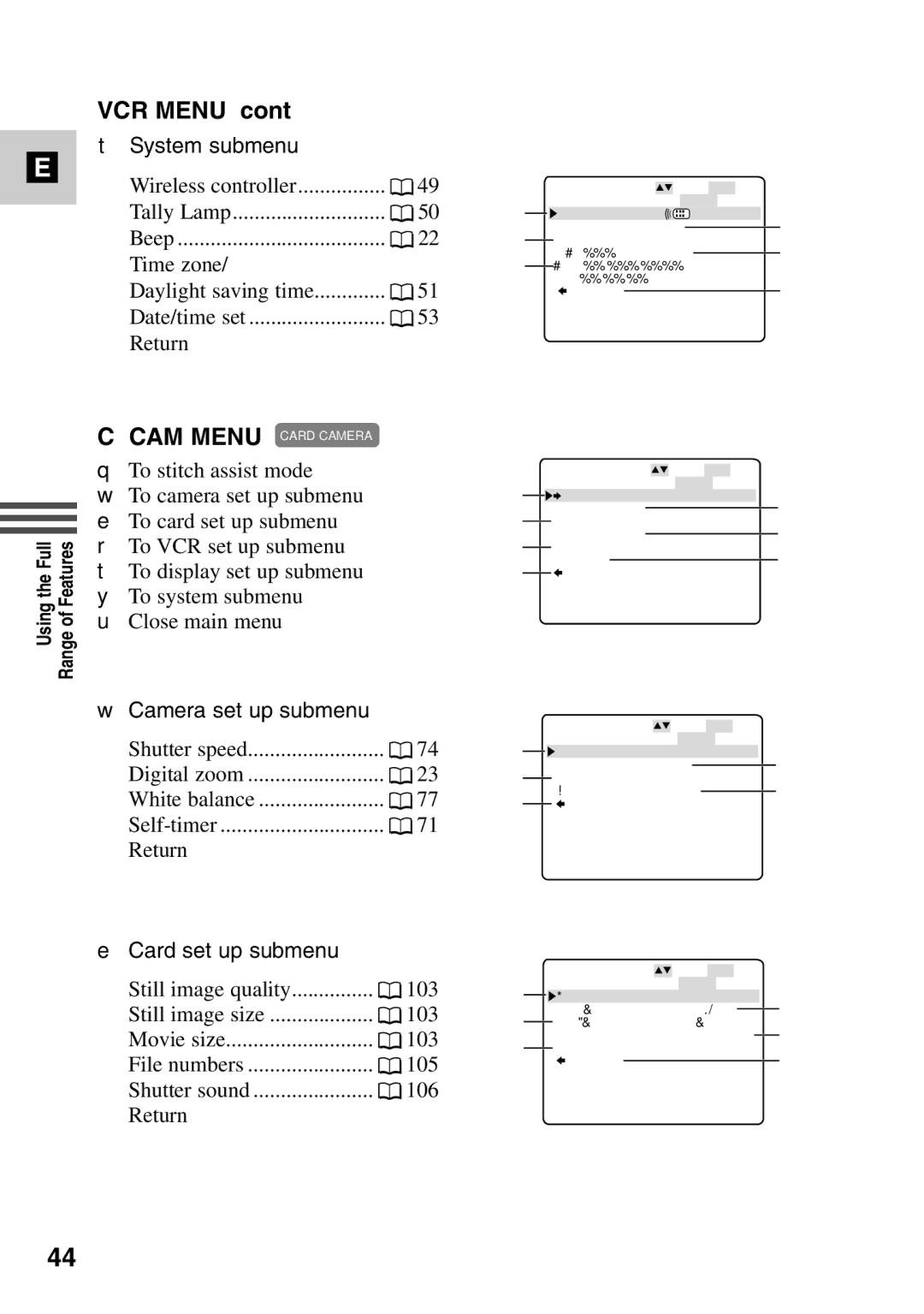 Canon MV6iMC instruction manual Vcr Menu, CAM Menu Card Camera 