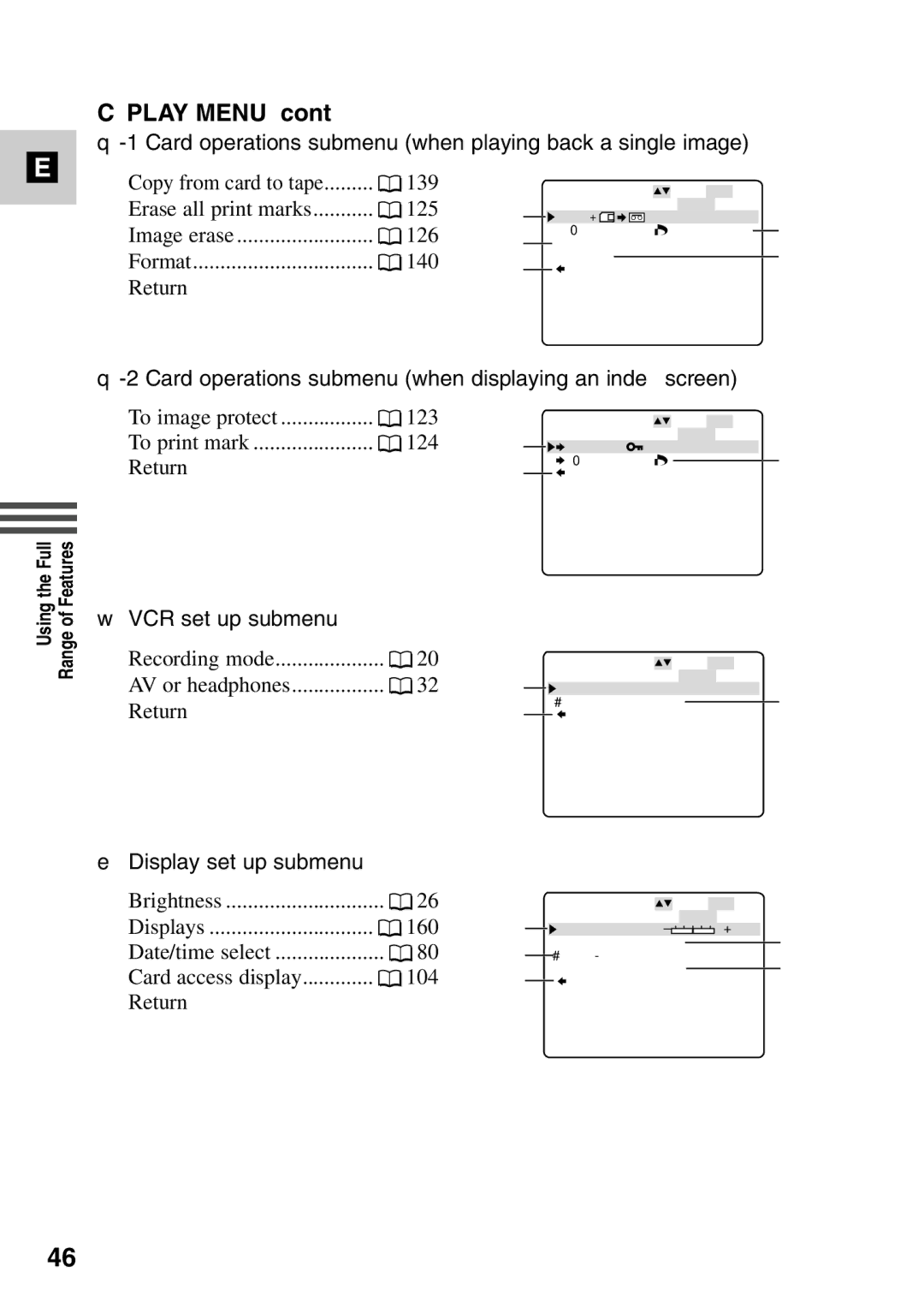 Canon MV6iMC Play MENU, Card operations submenu when playing back a single image, To print mark 124, Return 