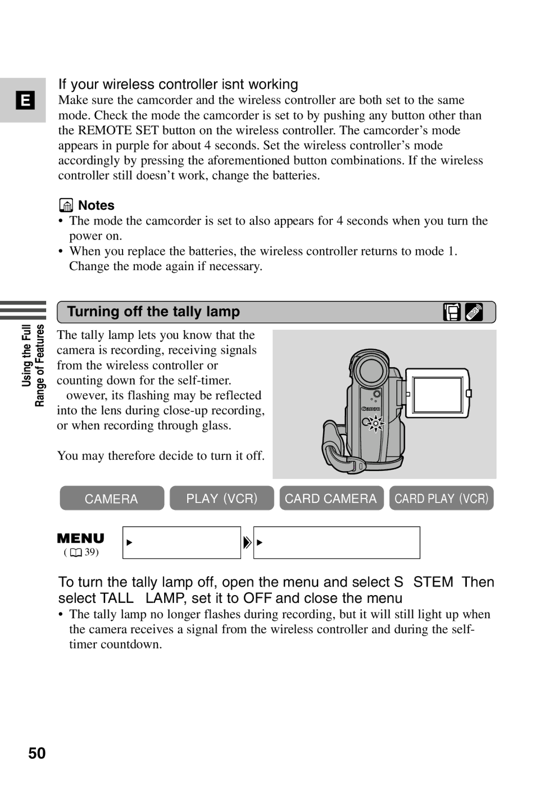 Canon MV6iMC instruction manual If your wireless controller isn’t working, Turning off the tally lamp 