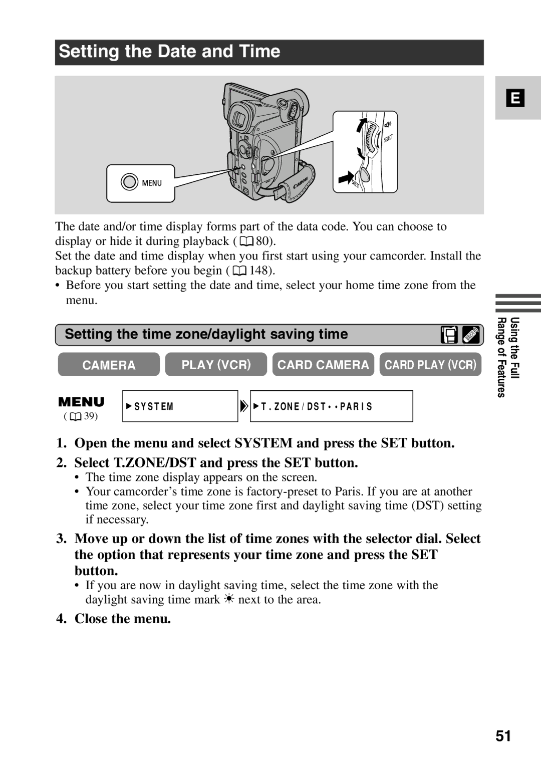 Canon MV6iMC instruction manual Setting the Date and Time, Setting the time zone/daylight saving time, Close the menu 