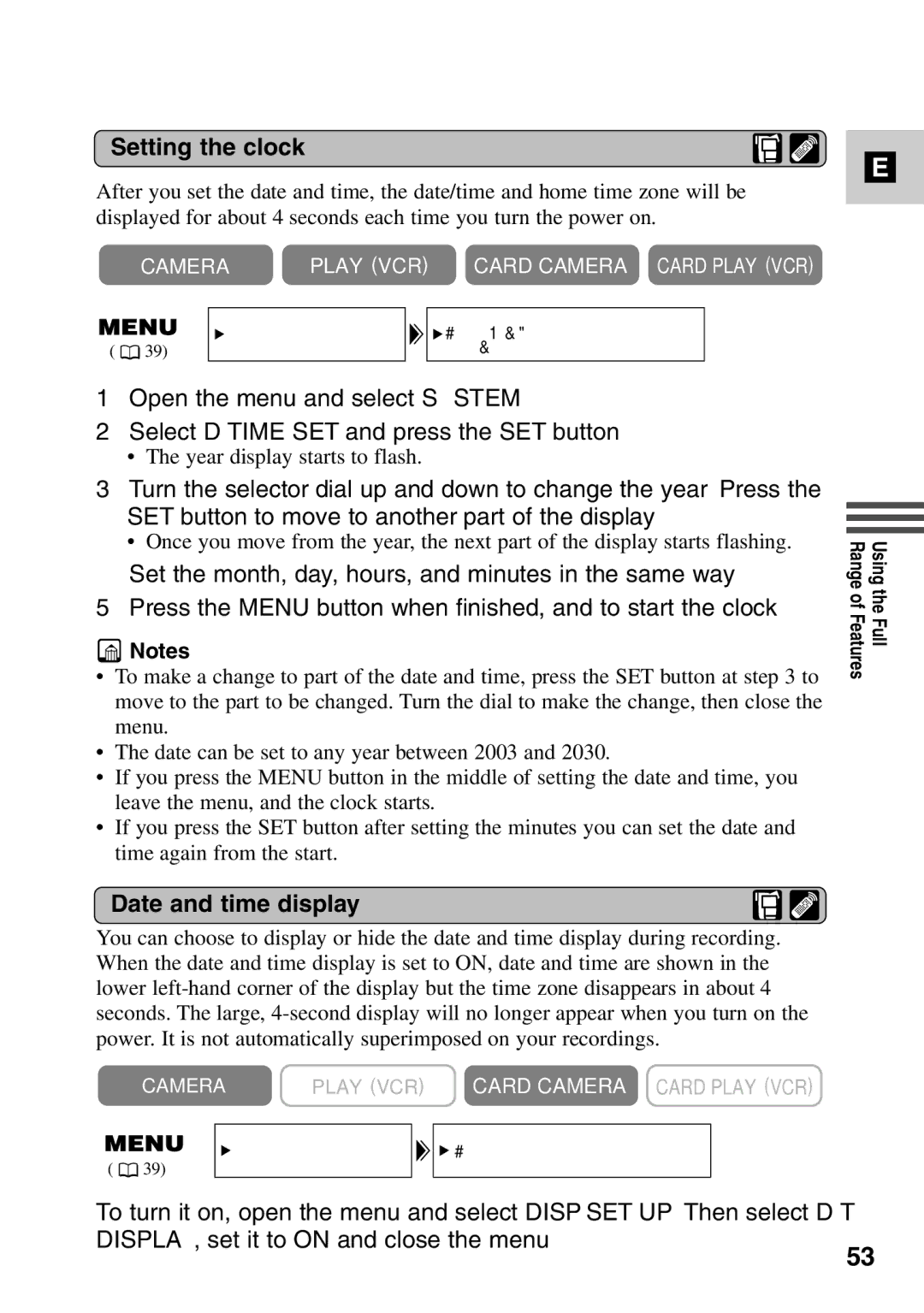 Canon MV6iMC instruction manual Setting the clock, Date and time display 