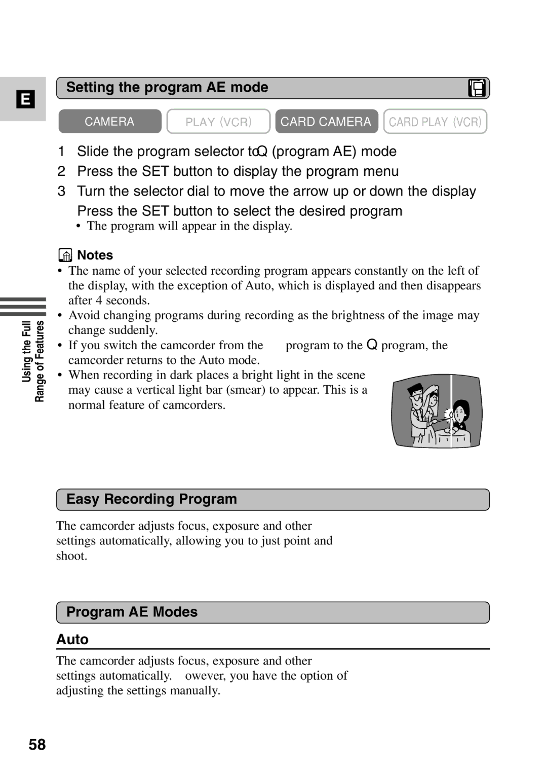 Canon MV6iMC instruction manual Setting the program AE mode, Easy Recording Program, Program AE Modes Auto 