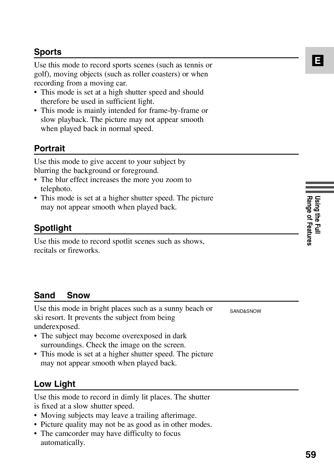 Canon MV6iMC instruction manual Sports, Portrait, Spotlight, Sand & Snow, Low Light 