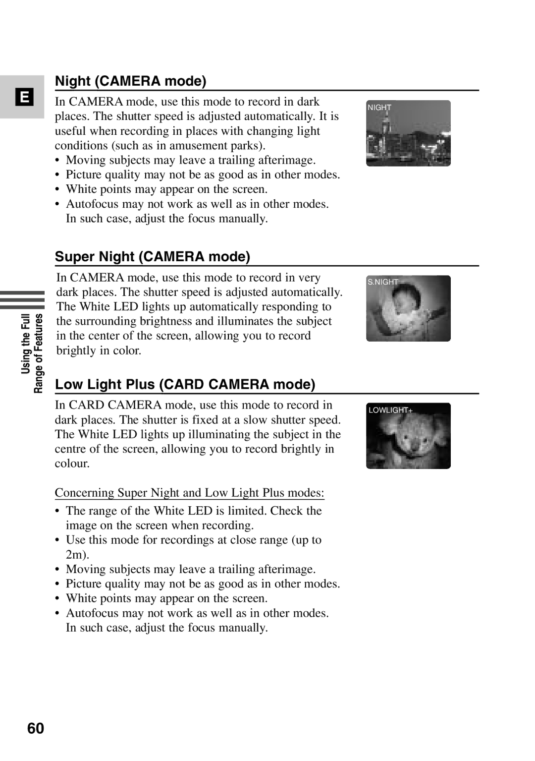 Canon MV6iMC instruction manual Super Night Camera mode, Low Light Plus Card Camera mode 