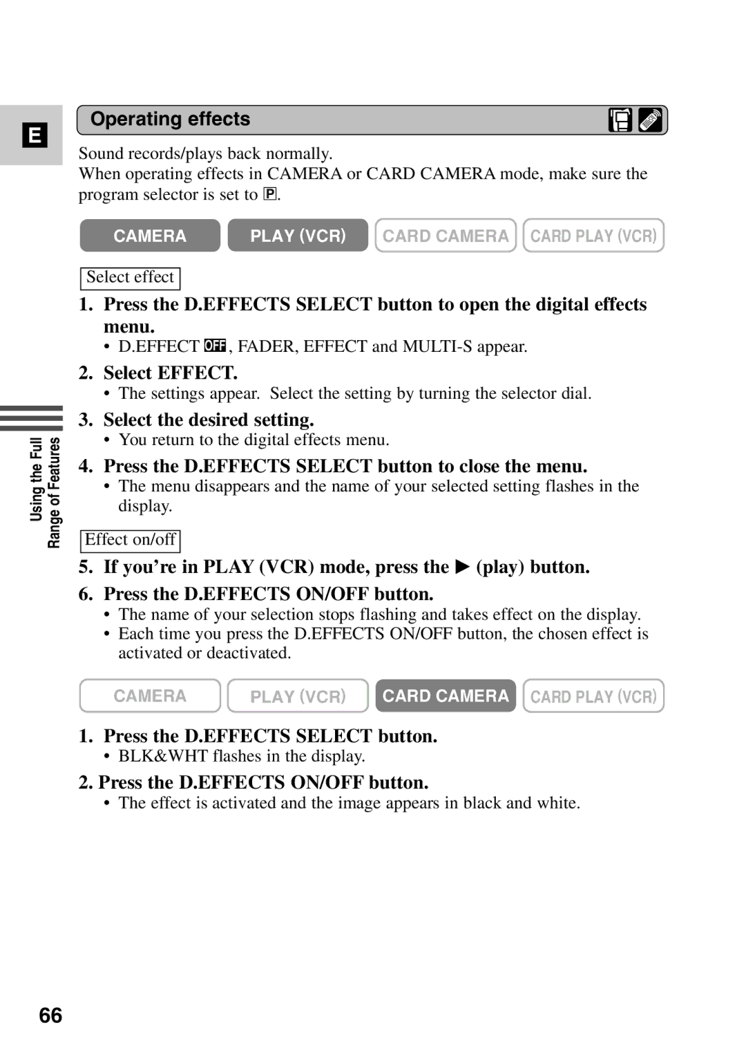 Canon MV6iMC instruction manual Operating effects, Select Effect, Press the D.EFFECTS Select button 