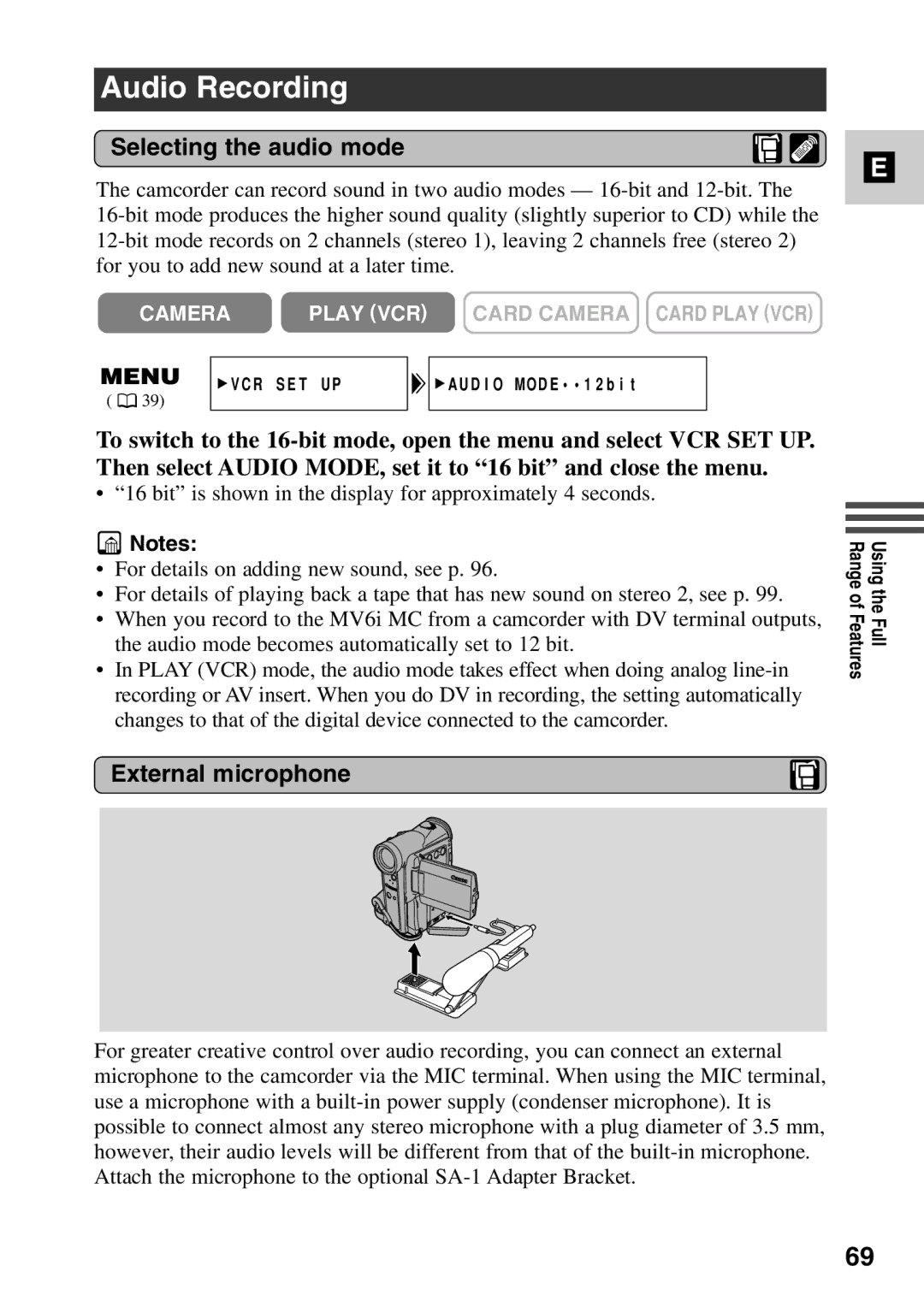 Canon MV6iMC instruction manual Audio Recording, Selecting the audio mode, External microphone 