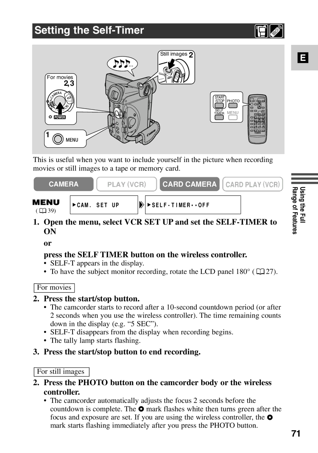 Canon MV6iMC instruction manual Setting the Self-Timer, Press the start/stop button to end recording 