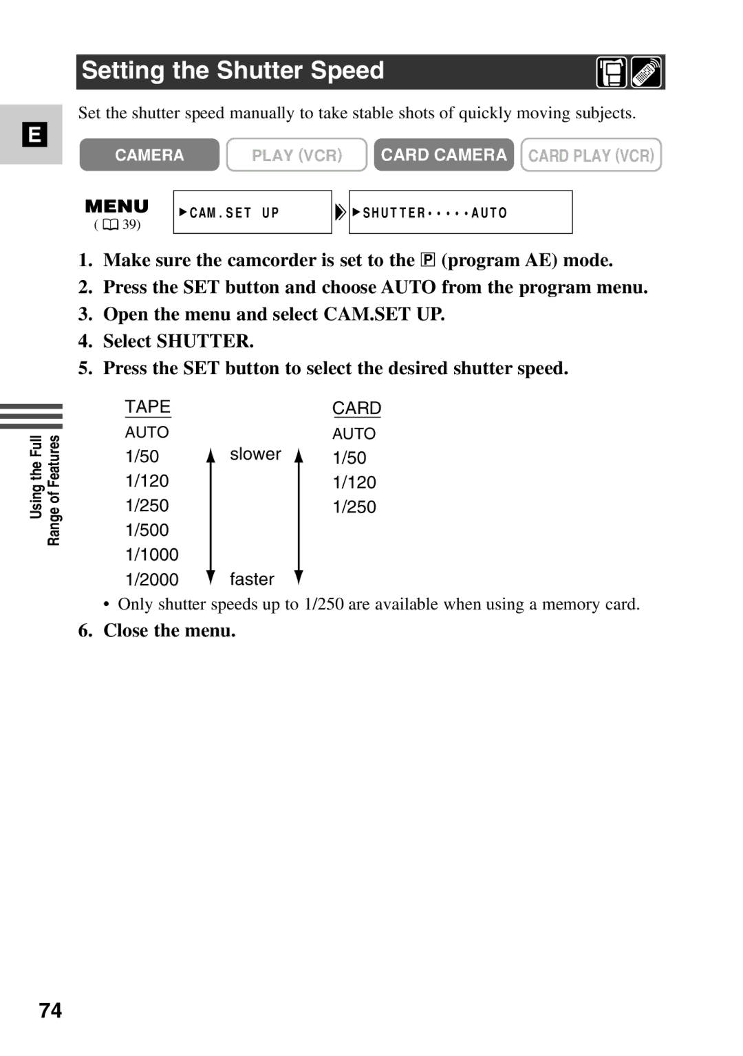 Canon MV6iMC instruction manual Setting the Shutter Speed, Tapecard 