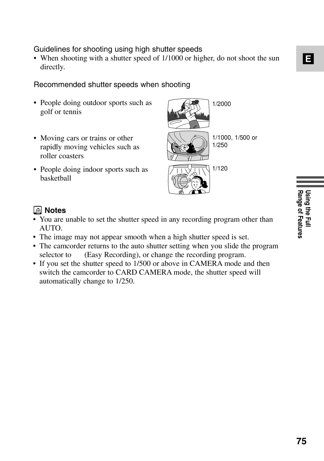 Canon MV6iMC instruction manual Guidelines for shooting using high shutter speeds, Recommended shutter speeds when shooting 