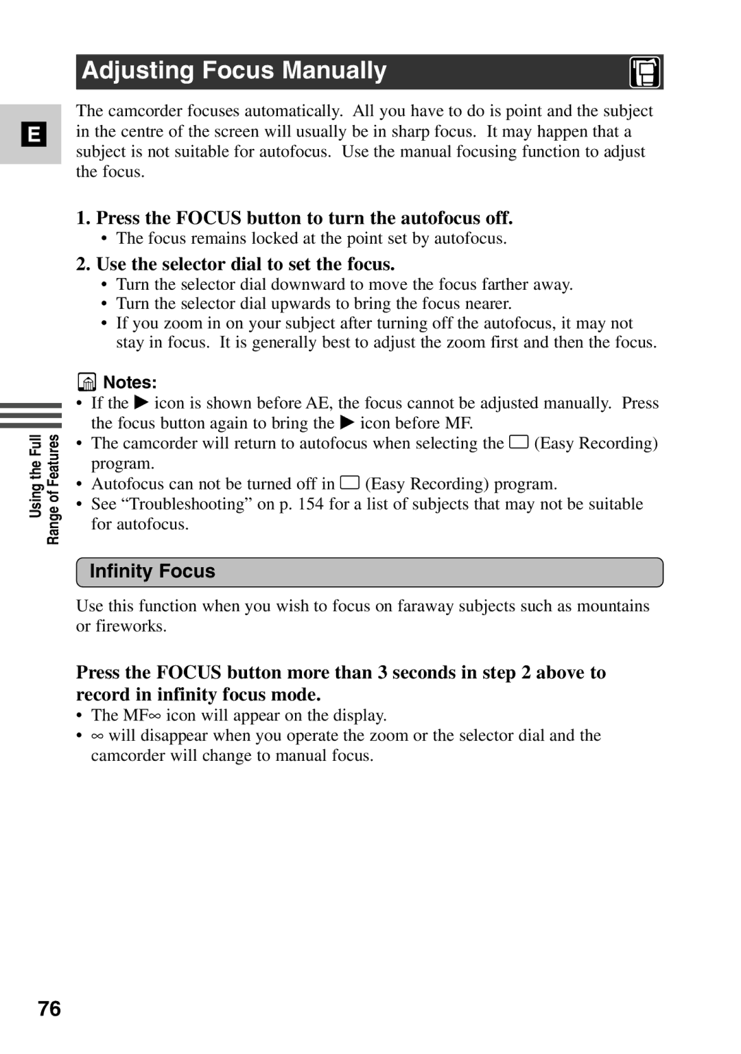 Canon MV6iMC instruction manual Adjusting Focus Manually, Press the Focus button to turn the autofocus off, Infinity Focus 