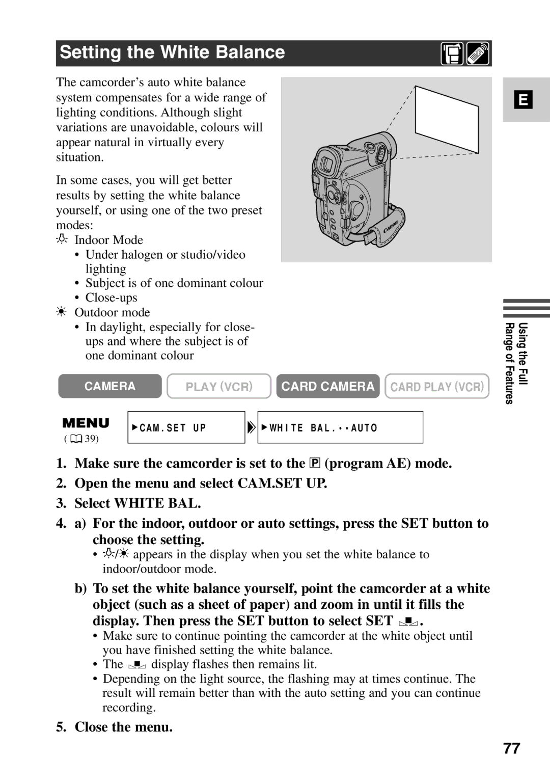 Canon MV6iMC instruction manual Setting the White Balance, Close the menu 