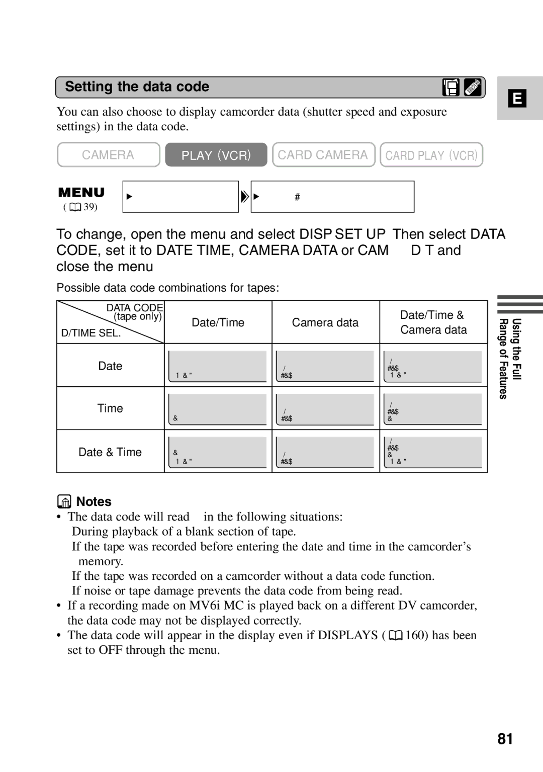 Canon MV6iMC instruction manual Setting the data code 