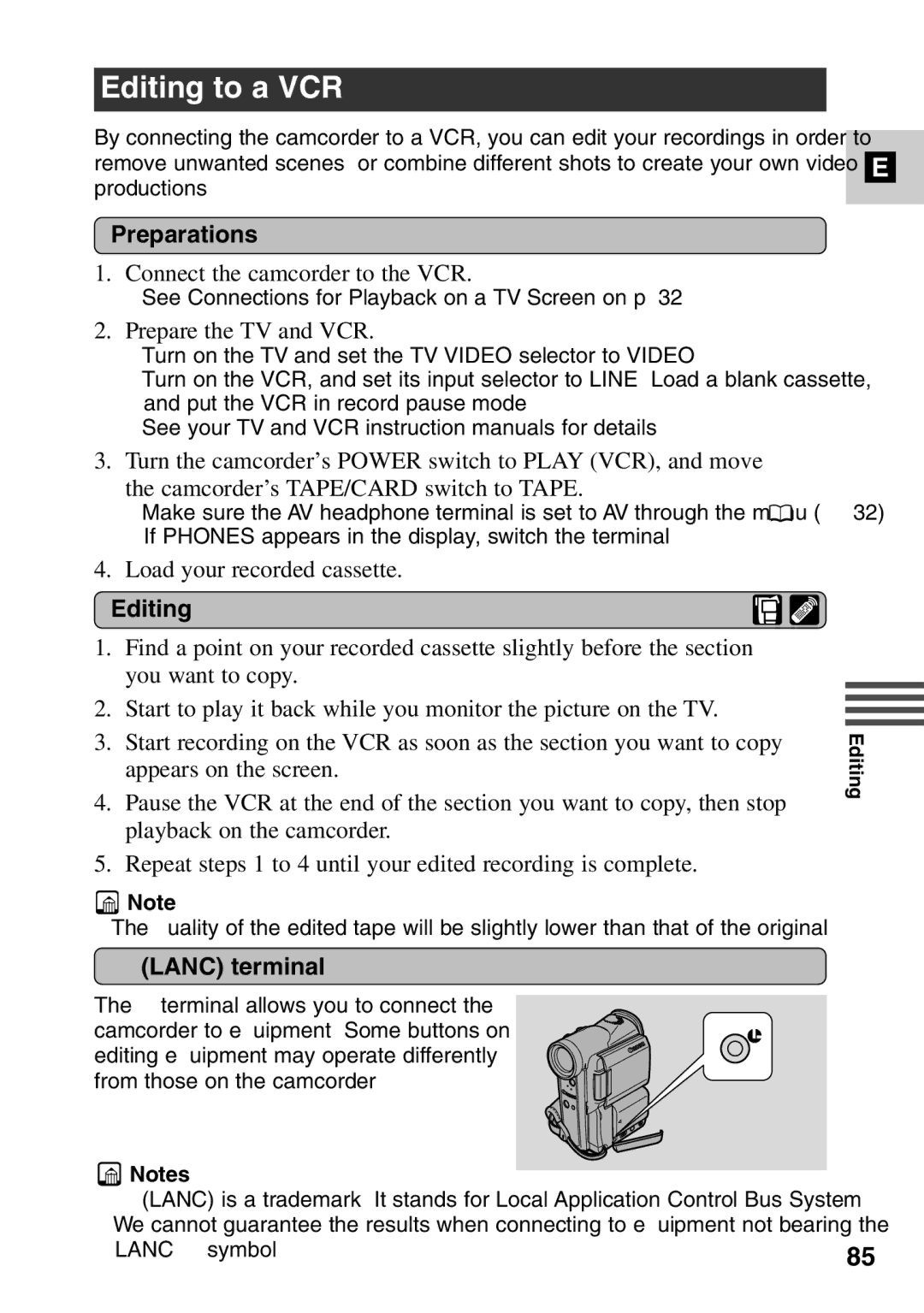 Canon MV6iMC instruction manual Editing to a VCR, Preparations, Connect the camcorder to the VCR, Prepare the TV and VCR 