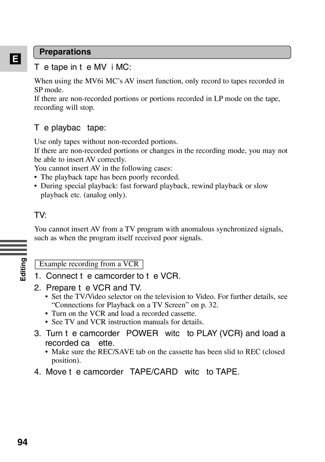 Canon MV6iMC instruction manual Tape in the MV6i MC, Playback tape, Connect the camcorder to the VCR Prepare the VCR and TV 