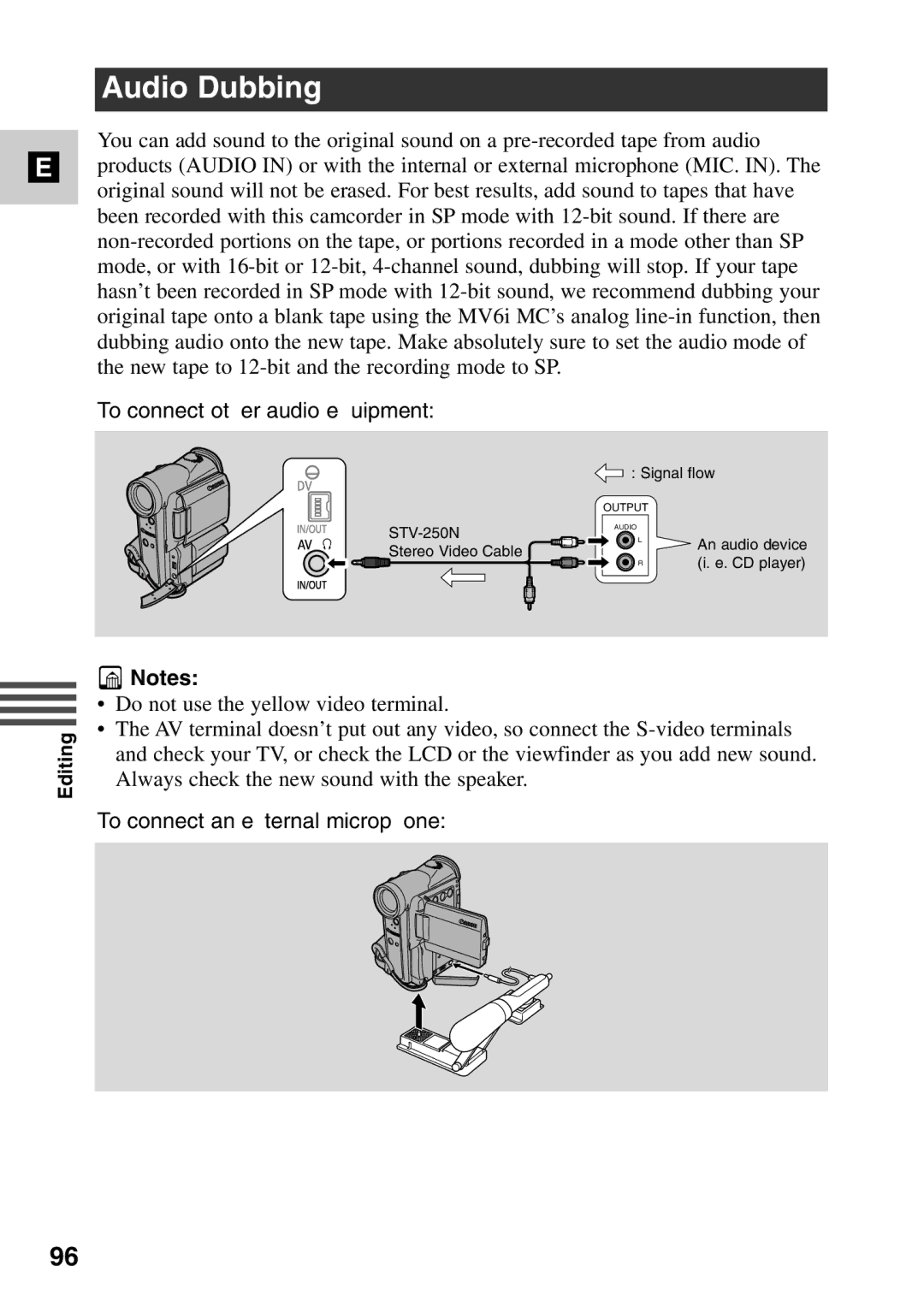 Canon MV6iMC instruction manual Audio Dubbing, To connect other audio equipment, To connect an external microphone 