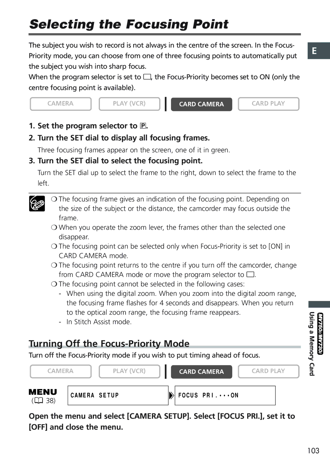 Canon MV750i, MV730i, MV700i, MV690 instruction manual Selecting the Focusing Point, Turning Off the Focus-Priority Mode 