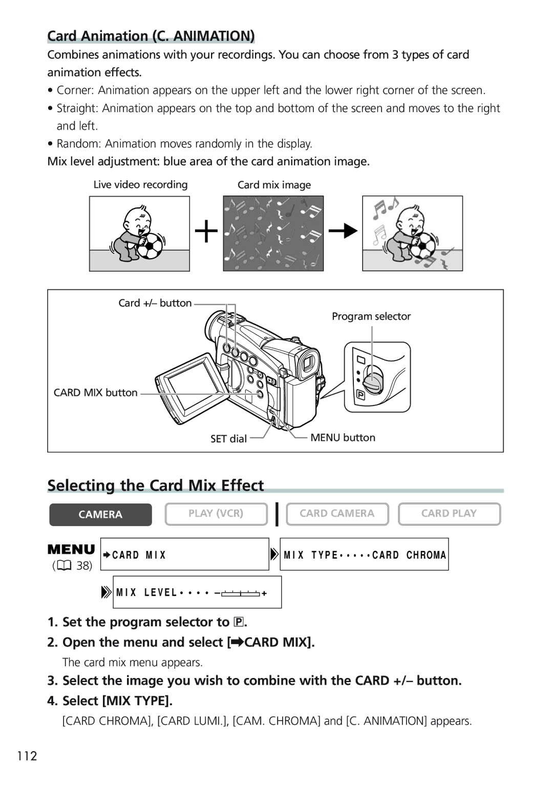 Canon MV700i, MV730i, MV750i, MV690 instruction manual Selecting the Card Mix Effect, Card Animation C. Animation 