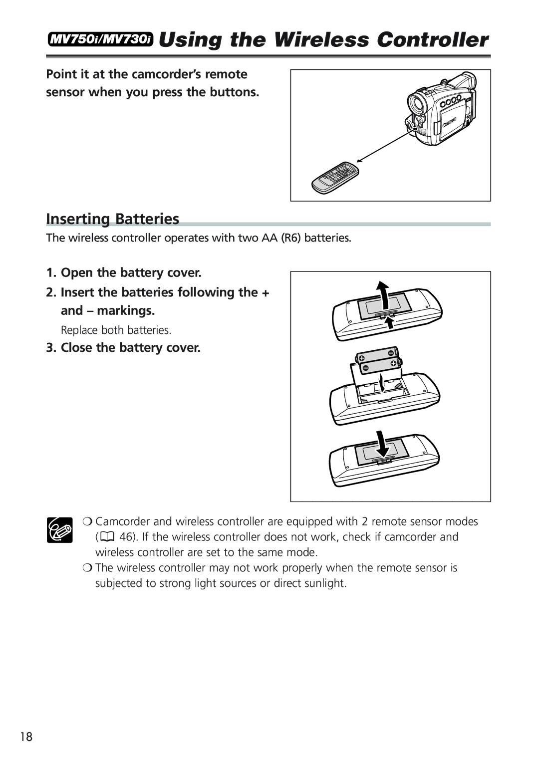 Canon MV750i, MV730i, MV700i, MV690 Using the Wireless Controller, Inserting Batteries, Close the battery cover 