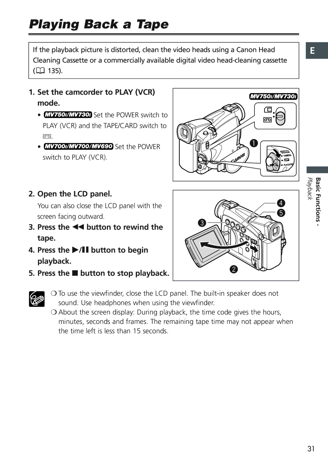 Canon MV730i, MV700i, MV750i, MV690 Playing Back a Tape, Set the camcorder to Play VCR mode, Open the LCD panel 