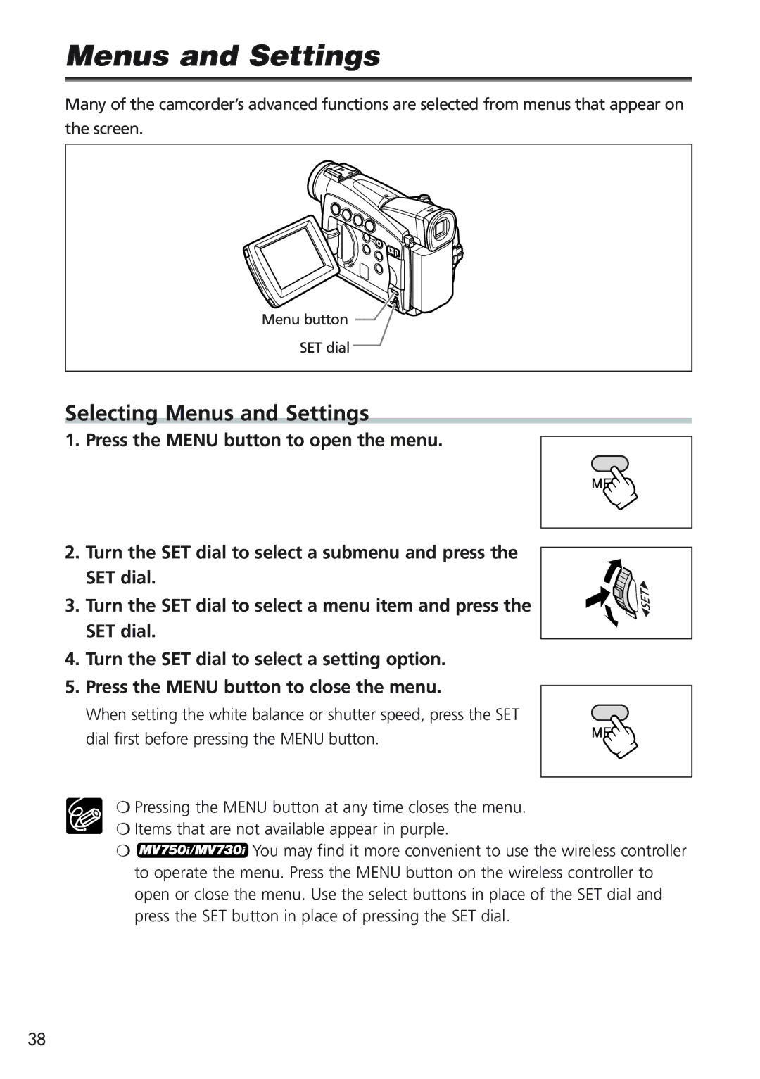 Canon MV750i, MV730i, MV700i, MV690 instruction manual Selecting Menus and Settings 