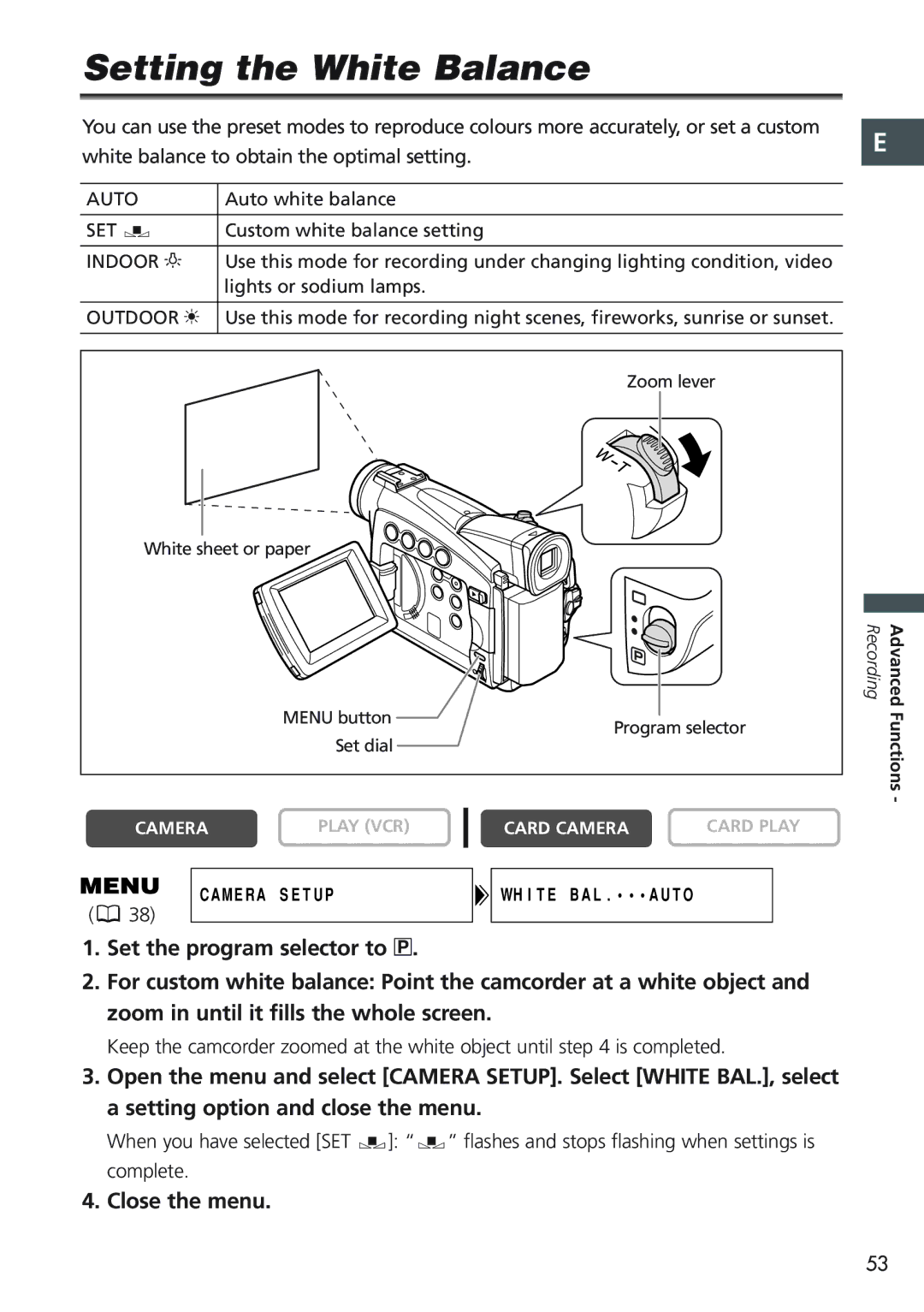 Canon MV750i, MV730i, MV700i, MV690 instruction manual Setting the White Balance, Close the menu 