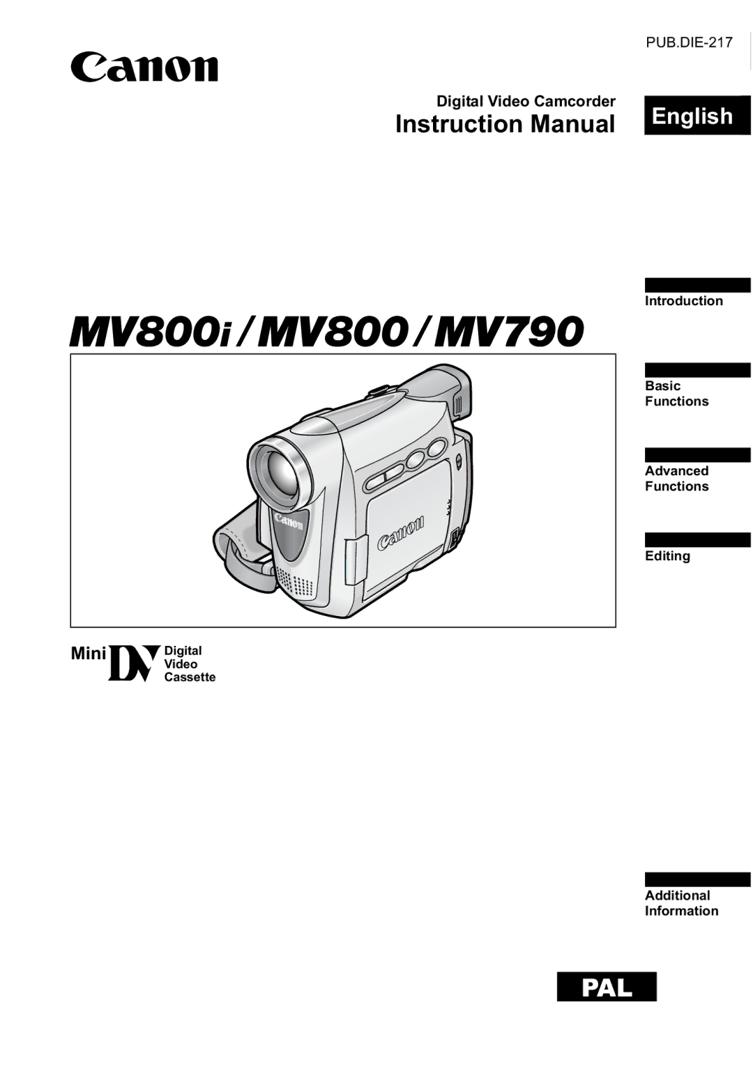 Canon MV800i, MV790 instruction manual English, Digital Video Camcorder 