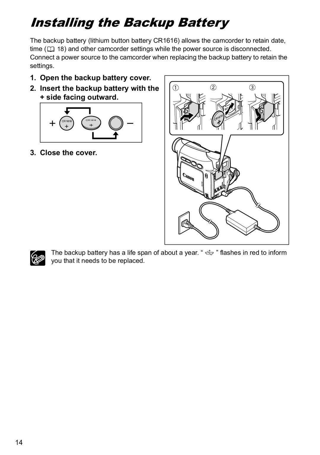 Canon MV790, MV800i instruction manual Installing the Backup Battery 