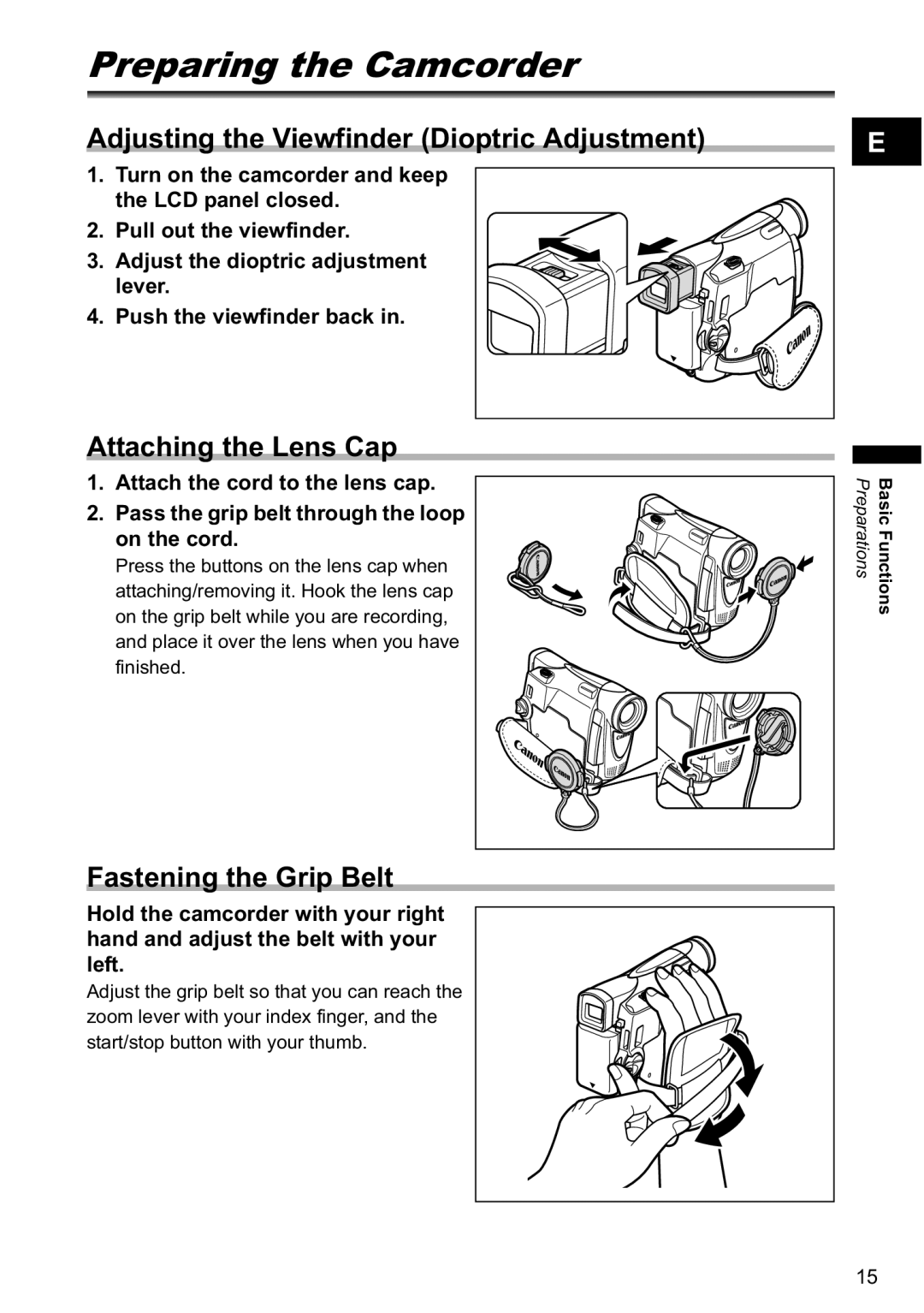 Canon MV790, MV800i Preparing the Camcorder, Adjusting the Viewfinder Dioptric Adjustment, Attaching the Lens Cap 