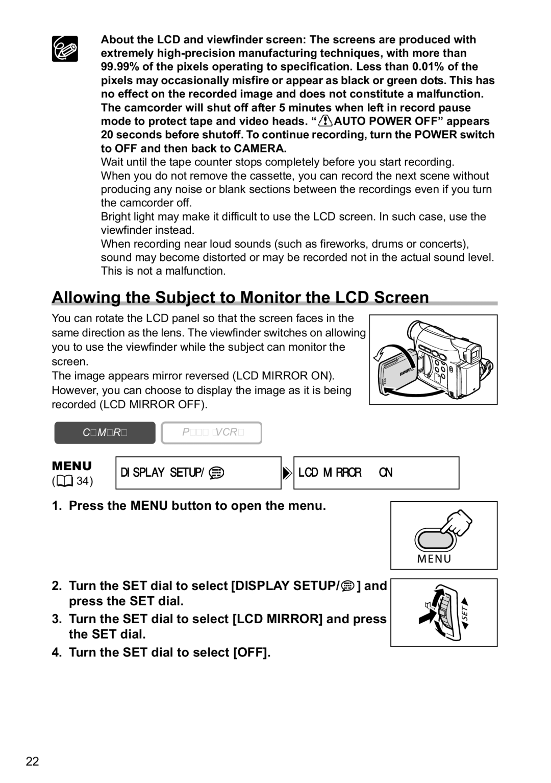 Canon MV800i, MV790 instruction manual Allowing the Subject to Monitor the LCD Screen, Menu Display Setup LCD Mirroron 