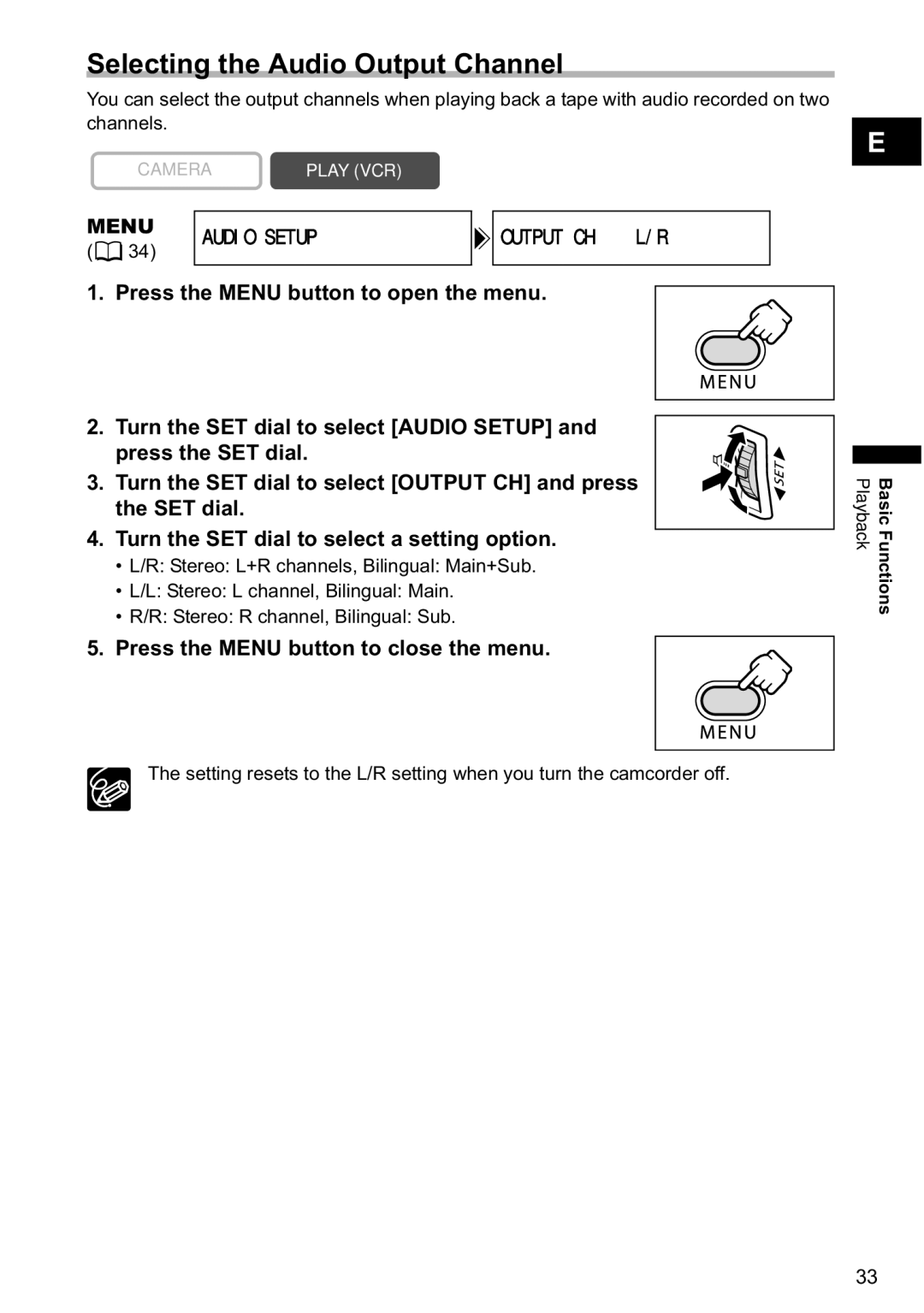 Canon MV790, MV800i instruction manual Selecting the Audio Output Channel, Menu Audio Setup Output CHL/R 