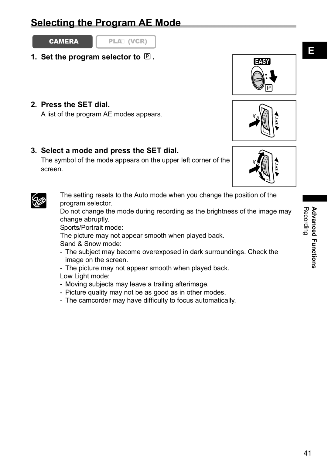 Canon MV790, MV800i instruction manual Selecting the Program AE Mode, Set the program selector to Press the SET dial 