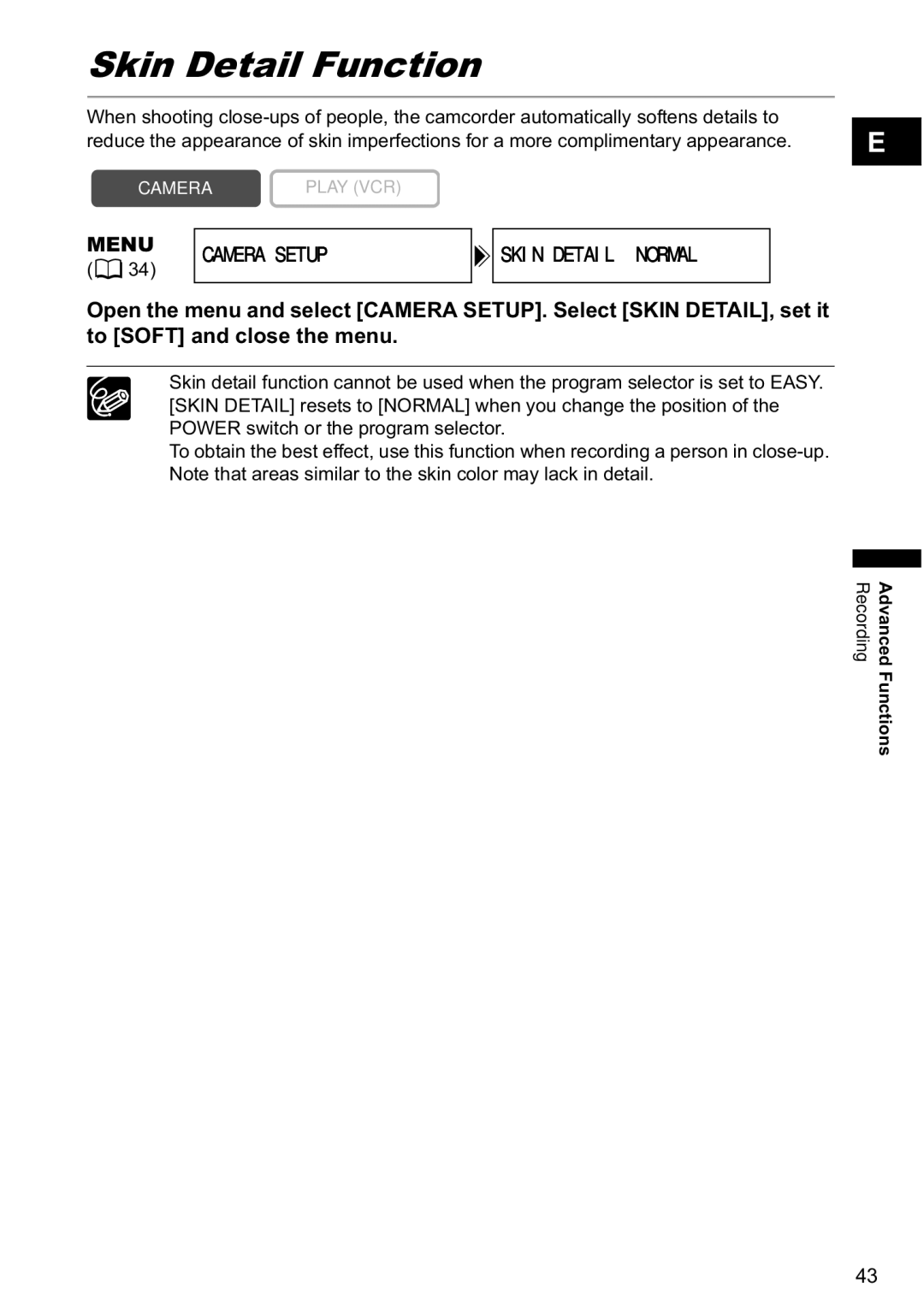 Canon MV800i, MV790 instruction manual Skin Detail Function, Menu Camera Setup Skin Detailnormal 