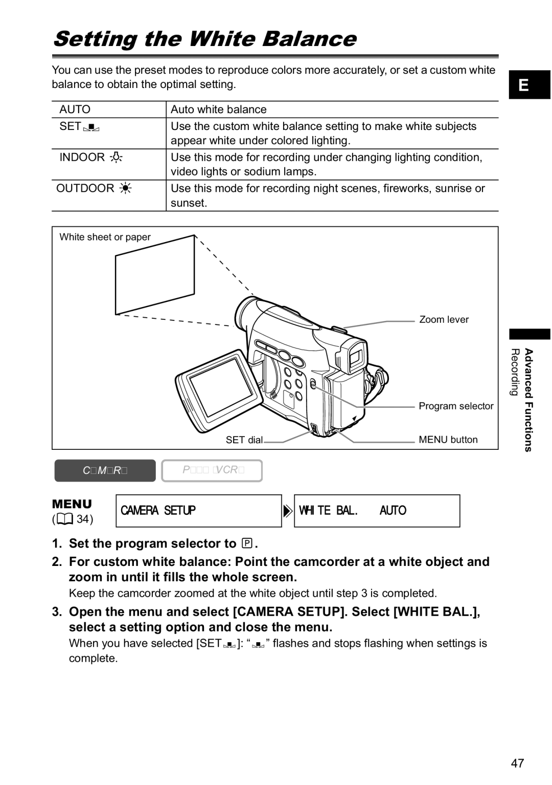 Canon MV790, MV800i instruction manual Setting the White Balance, Menu Camera Setup White BAL.AUTO 